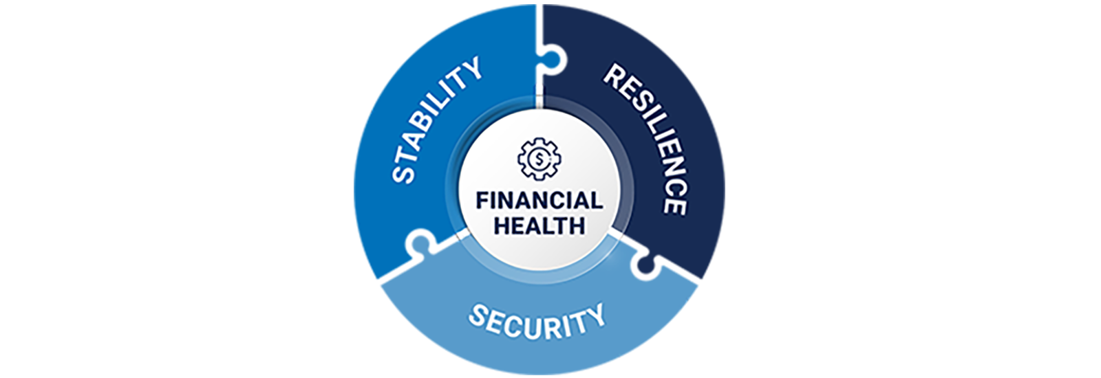 Circular graphic labeled 'Financial Health' at the center, surrounded by three interconnected sections: Stability, Resilience, and Security.