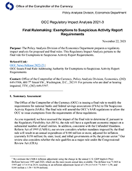 OCC Regulatory Impact Analysis 2021-3 – Final Rulemaking: Exemptions to Suspicious Activity Report Requirements