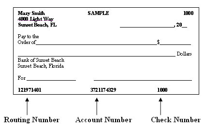 image of check showing routing number, account number, and check number